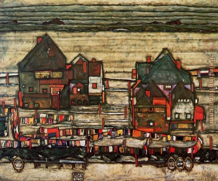 Houses with Laundry Suburg II painting - Egon Schiele Houses with Laundry Suburg II art painting